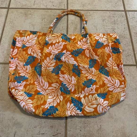 Tropical Floral Print Tote Bag, Orange and Blue - Picture 3 of 9